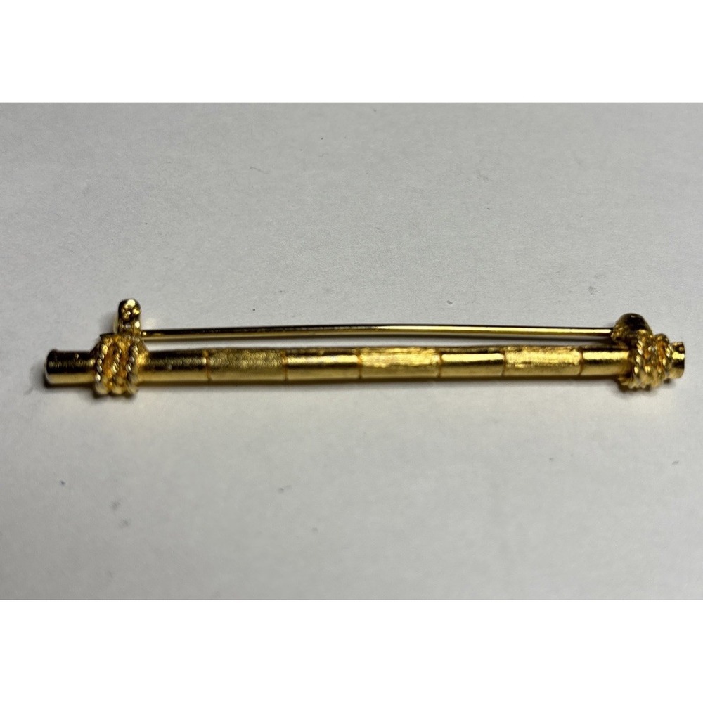 Vintage Gold Tone Bamboo Bar Brooch Rope Knot Accents Long Pin Unsigned